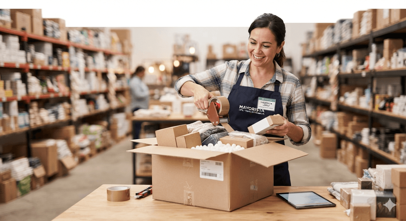 Vendedora empaquetando pedidos de su tienda